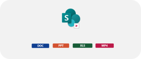 Iconos de SharePoint & OneDrive, con extensiones de archivo doc, ppt, xls y mp4 bajo ellas. SharePoint y OneDrive tienen un icono de vídeo en ellos.