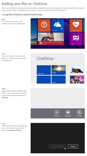 Screenshot of an article with the Adding your files to OneDrive header followed by four numbered steps, each with an accompanying image.