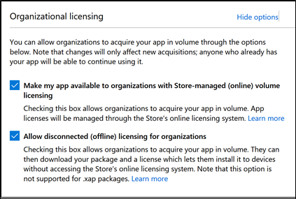 Imagen que muestra la página de licencias de organización: parte del proceso de envío de aplicación de la Microsoft Store.