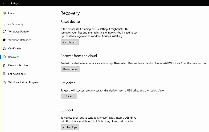 Captura de pantalla que muestra la opción Restablecer dispositivo en la aplicación Configuración para Surface Hub.