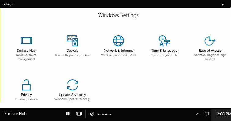 Captura de pantalla que muestra la aplicación Configuración para Surface Hub.