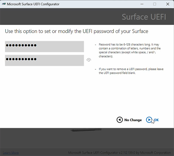 Captura de pantalla que muestra la pantalla para establecer la contraseña de UEFI