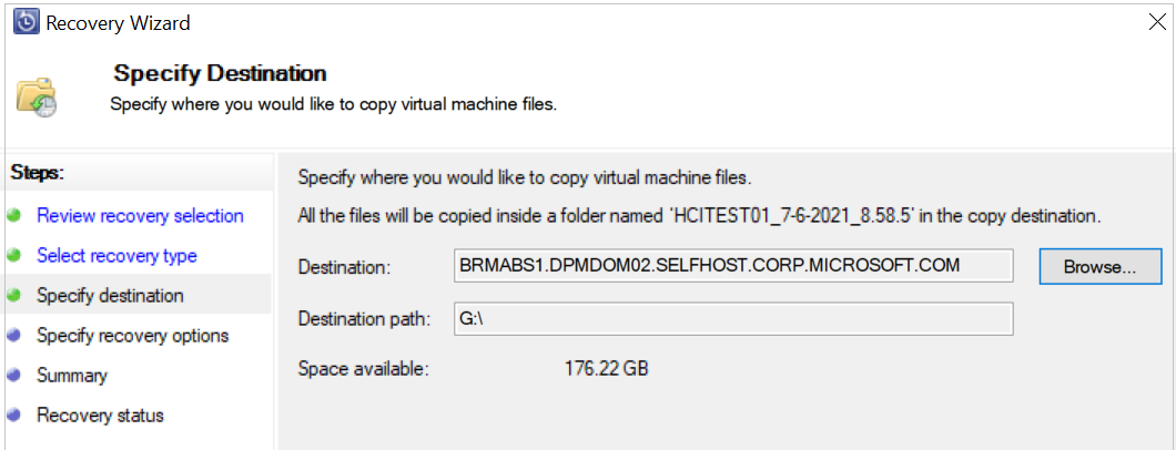Captura de pantalla de Especificación de la ubicación para recuperar archivos de la máquina virtual de Hyper-v.
