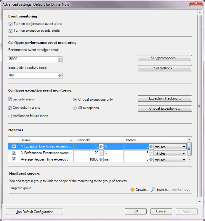 Captura de pantalla de la configuración avanzada para la supervisión del lado servidor.