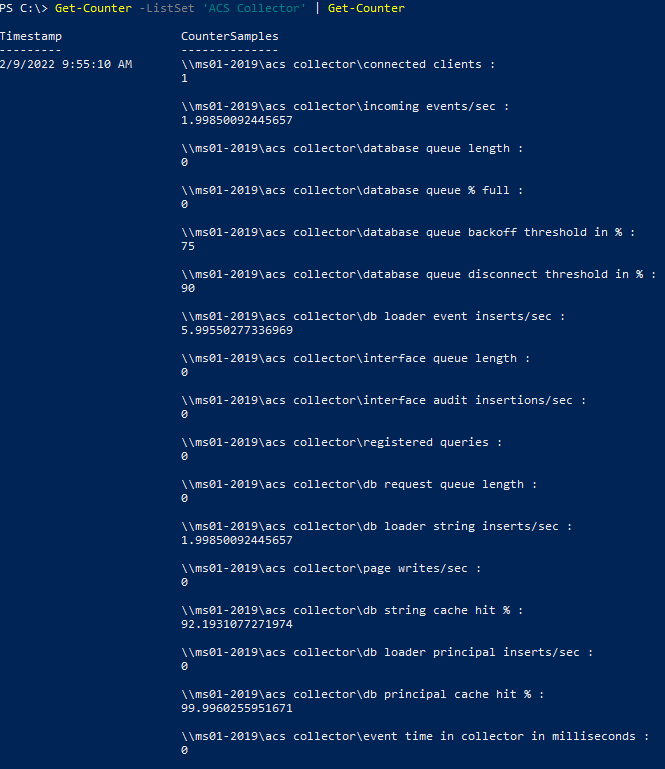 Captura de pantalla que muestra el ejemplo de PowerShell para recoger datos de rendimiento del Recopilador de ACS.