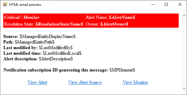 Captura de pantalla que muestra el ejemplo de alerta crítica de HTML.