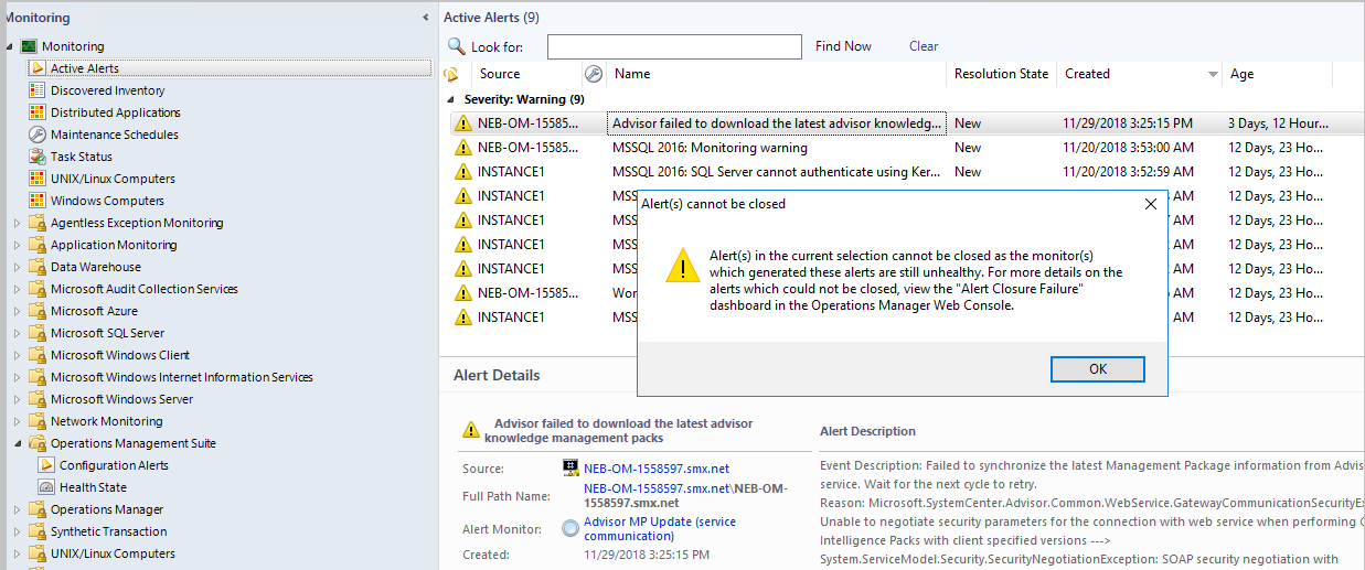 Captura de pantalla que muestra la consola de operaciones del mensaje de alerta cerrada.