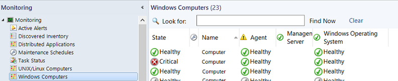 Captura de pantalla que muestra la vista de supervisión de equipos Windows.