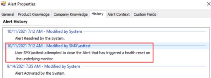 Captura de pantalla que muestra el historial de alertas.