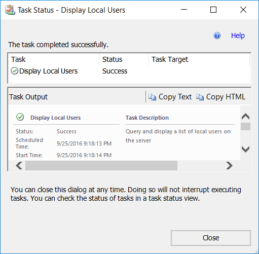 Captura de pantalla que muestra un ejemplo de una ventana de estado de tarea.
