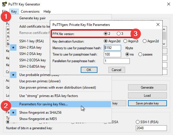 Captura de pantalla de PuTTY Key Generator que muestra dónde seleccionar la versión del archivo PPK para la clave privada.