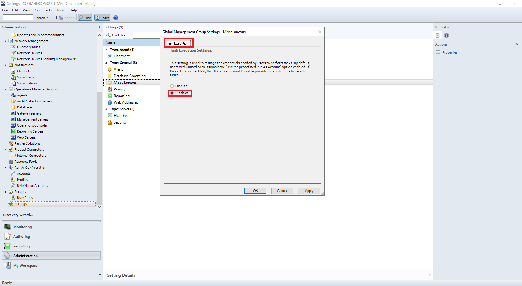 Captura de pantalla que muestra deshabilitar el perfil de ejecución desde la ejecución de tareas.