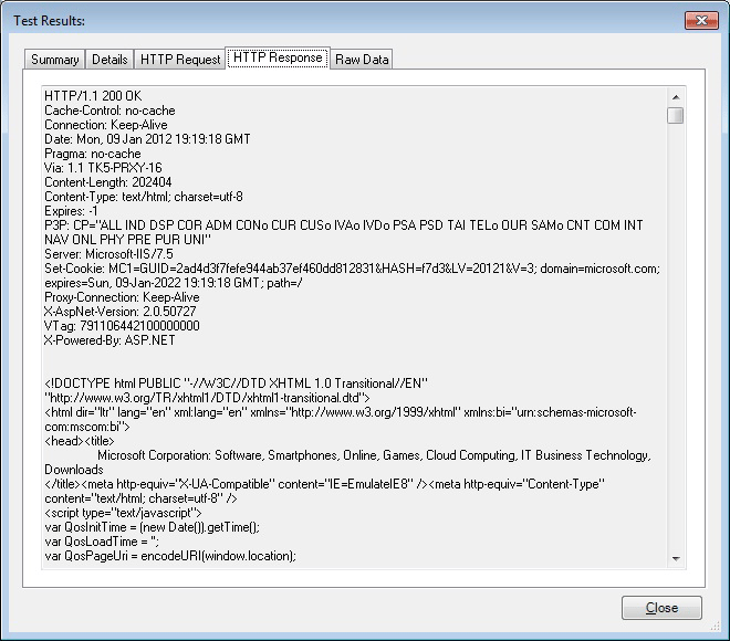 Captura de pantalla de la pestaña Respuesta HTTP de resultados de pruebas.