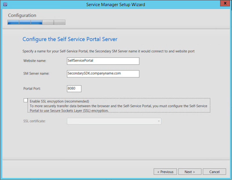 Captura de pantalla que muestra la configuración del servidor Self-Service Portal.