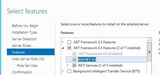 Captura de pantalla que muestra la selección de ASP.NET 4.5.