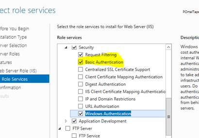 Captura de pantalla que muestra la autenticación básica y la autenticación de Windows.
