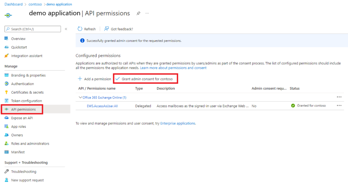captura de pantalla de los permisos de API.