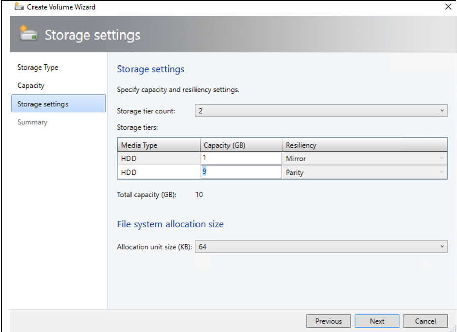 Captura de pantalla de Configuración de las opciones de almacenamiento.