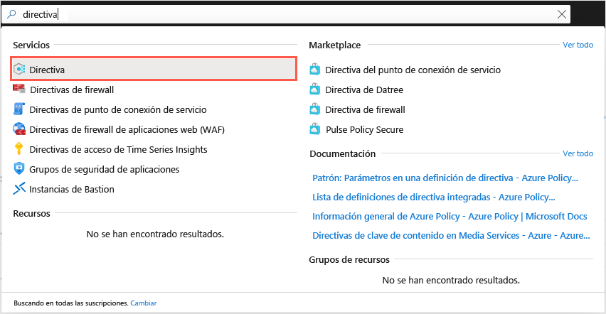 Screenshot of the general Azure portal search box with a result that shows the Azure Policy service.
