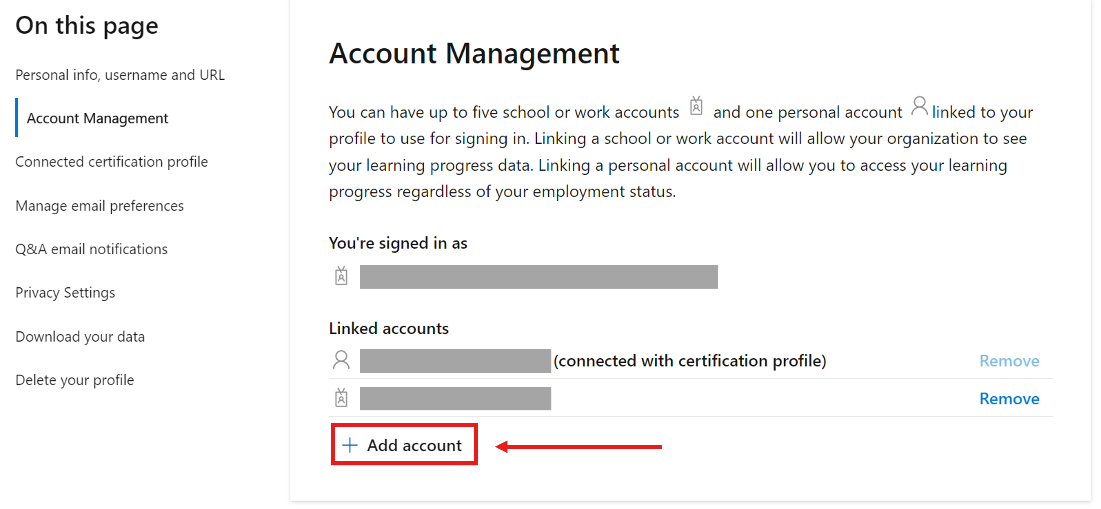 Captura de pantalla de la sección Administración de cuentas de la configuración del perfil de Microsoft Learn.