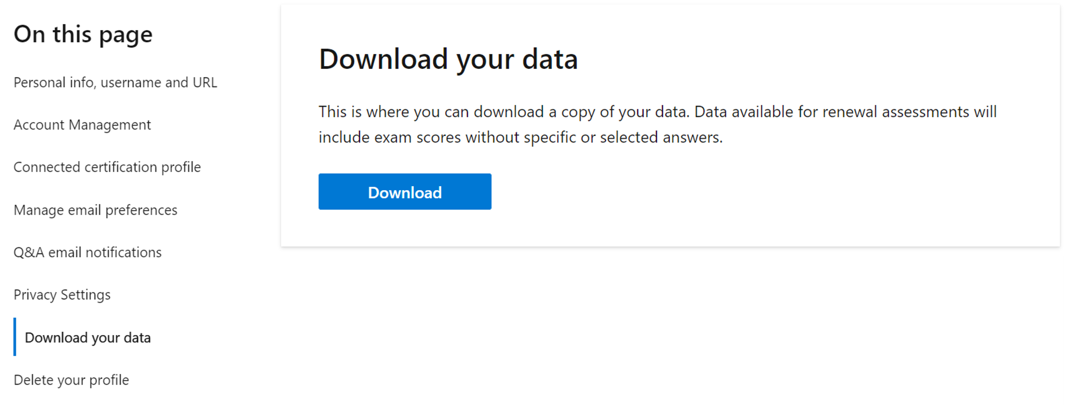 Captura de pantalla de la sección Descargar sus datos de la configuración del perfil de Microsoft Learn.