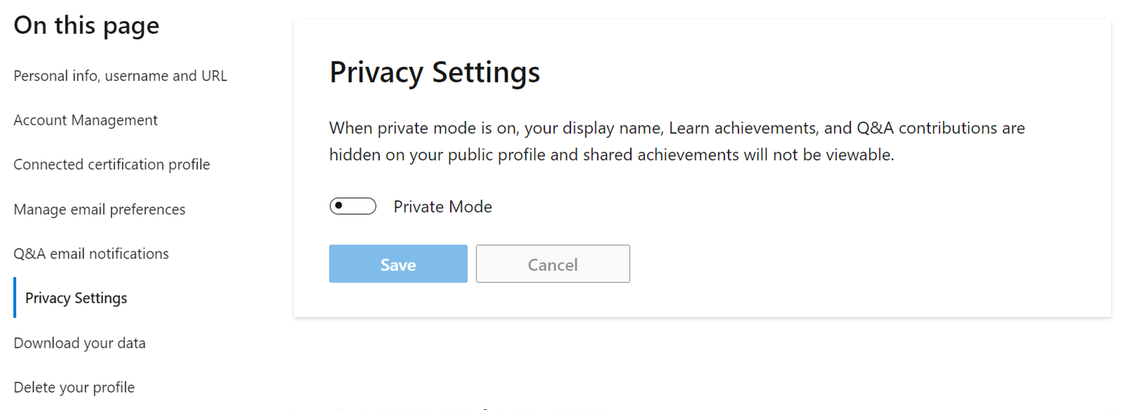 Captura de pantalla de la sección Configuración de privacidad de la configuración del perfil de Microsoft Learn.