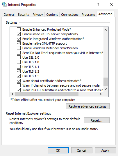 Captura de pantalla que muestra la configuración de TLS en Propiedades de Internet.