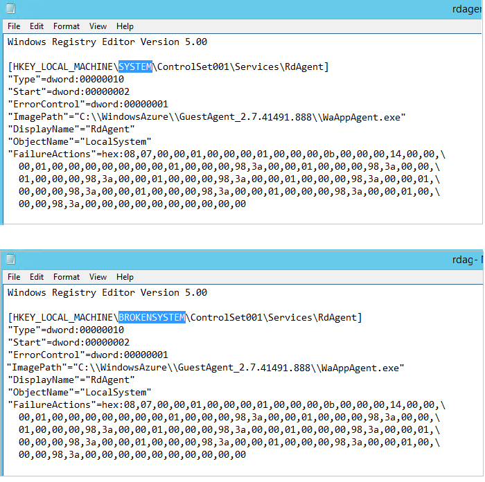 Captura de pantalla del valor de entrada original y el valor de entrada modificado del archivo reg rdagent.