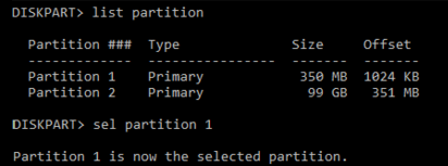 La ventana diskpart muestra las salidas de los comandos list partition y sel partition 1. La partición 1 es el disco seleccionado.