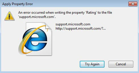 Captura de pantalla del error aplicar propiedad al cambiar la propiedad Rating.