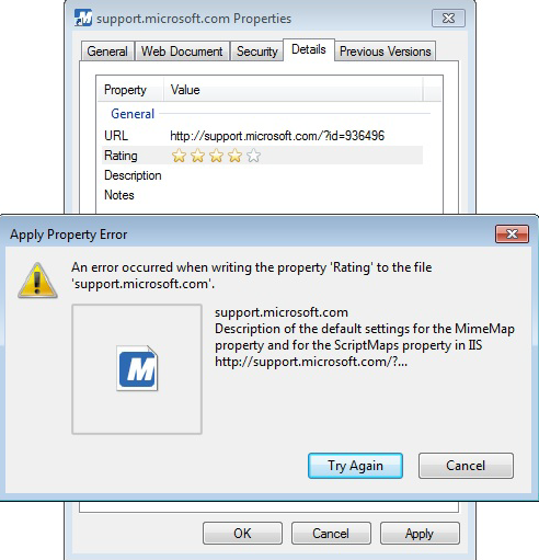 Captura de pantalla de los detalles de propiedades de support.microsoft.com y el error de la propiedad apply.
