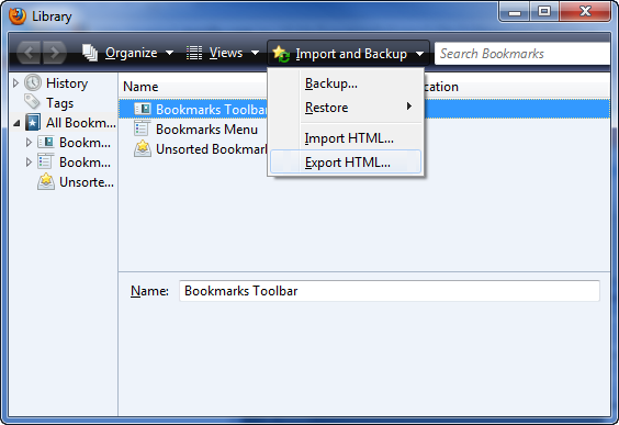 Captura de pantalla de la ventana Biblioteca. El elemento EXPORTAR HTML está resaltado en la lista desplegable Importar y copia de seguridad.