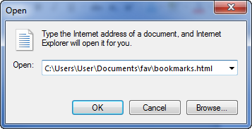 Captura de pantalla del cuadro de diálogo Abrir, donde se muestra la ruta de acceso del archivo bookmarks.html.