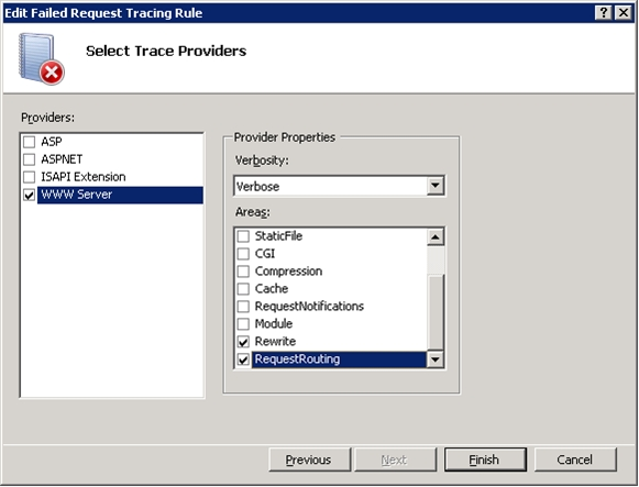 Captura de pantalla de la ventana Editar regla de seguimiento de solicitudes con errores. W W W server está seleccionado en la sección Providers (Proveedores).