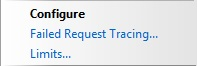 Captura de pantalla del panel Acciones en la que se muestra la opción Seguimiento de solicitudes erróneas resaltada en la pestaña Configurar.