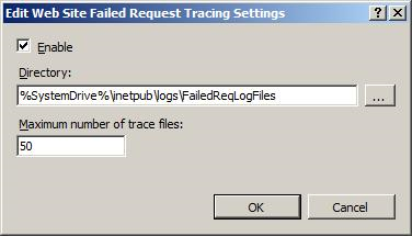 Captura de pantalla que muestra el cuadro de diálogo Editar configuración de seguimiento de solicitudes erróneas del sitio web con el campo Directorio rellenado de comandos y la casilla Habilitar seleccionada.