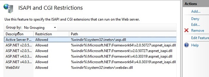 Captura de pantalla del panel Restricciones de I S A P I y C G I que muestra las páginas de Active Server seleccionadas. La opción Denegar está seleccionada en el panel Acciones.