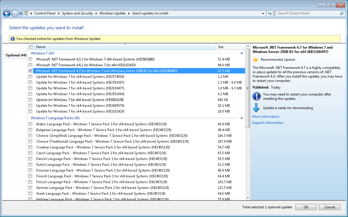 Captura de pantalla que muestra las actualizaciones opcionales, donde se selecciona Microsoft .NET Framework 4.7 para Windows 7 y Windows Server 2008 R2 para x64 (KB3186497).