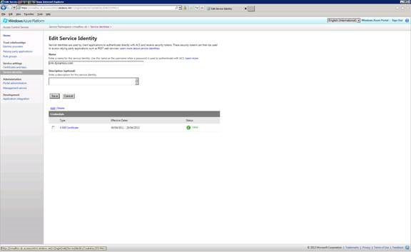 Captura de pantalla para seleccionar la opción Agregar en la página Editar identidad de servicio.