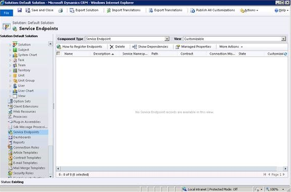 Captura de pantalla que muestra los pasos para buscar los puntos de conexión de servicio en Microsoft Dynamics C R M.