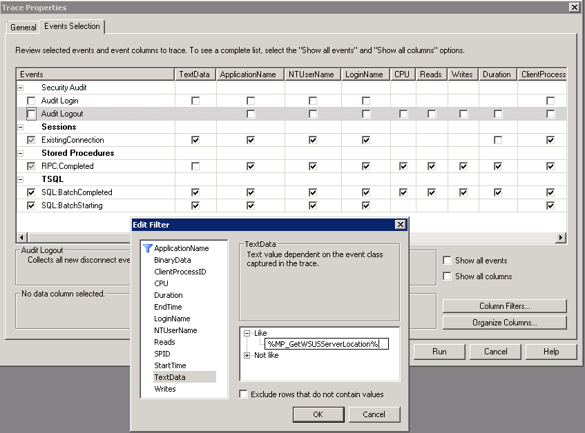 Captura de pantalla que muestra la configuración de SQL Server Profiler para llamar a MP_GetWSUSServerLocation.