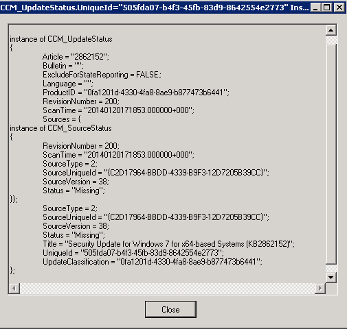 Captura de pantalla de una instancia de la clase CCM_UpdateStatus.