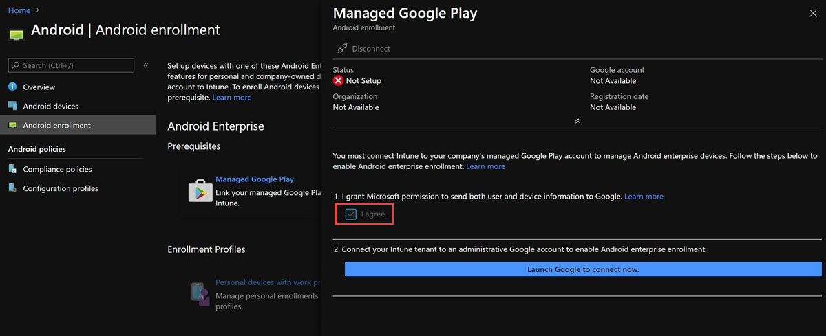 Captura de pantalla de la página Google Play administrada, donde puede iniciar Google para conectarse.