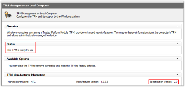 Captura de pantalla de ejemplo de un estado correcto de TPM 2.0 en la consola del módulo de plataforma segura.