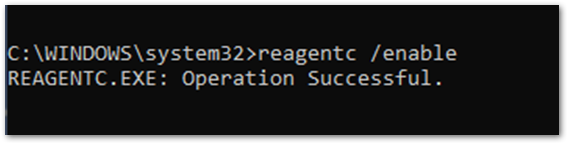 Captura de pantalla de ejemplo para habilitar ReAgentC.exe en el símbolo del sistema. Ejecución del comando reagentc /enable