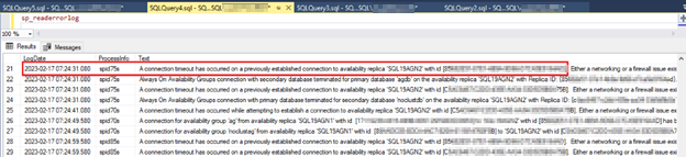 Captura de pantalla que muestra el tiempo de espera de conexión notificado en el registro de errores de SQL19AGN1.