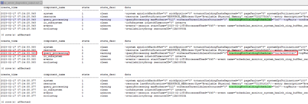 Captura de pantalla que muestra sp_server_diagnostics salida concatenada.