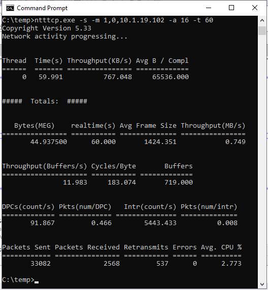 Captura de pantalla que muestra NTttcp en ejecución en una réplica principal.