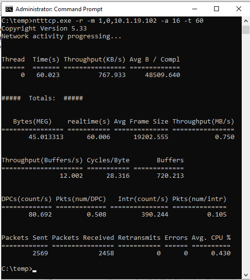 Captura de pantalla que muestra NTttcp en ejecución en una réplica secundaria.