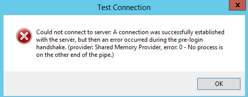 Captura de pantalla de un error de conexión de prueba después de que los proveedores de cliente se hayan actualizado a una versión compatible con TLS 1.2.